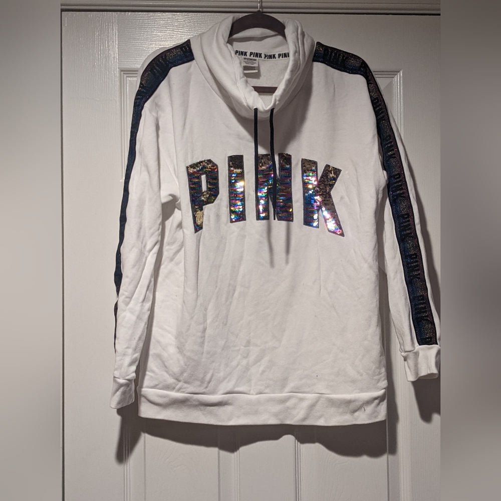 Women's Medium White Pullover Col Neck Sweatshirt with Flip Sequins from PINK